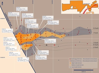 Figure 1 – Plan view of Mineralized Domains with Selected Drilling Results (CNW Group/IsoEnergy Ltd.)