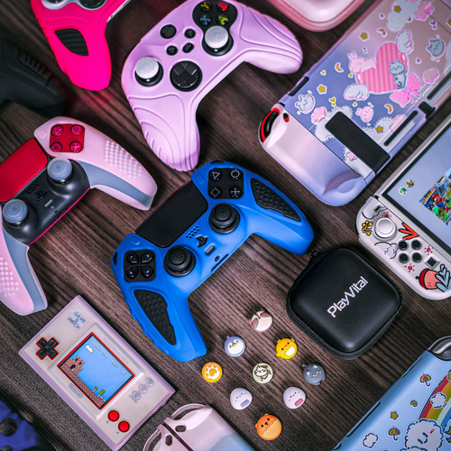 PlayVital product options include hard cases, soft cases, skins, controller grips, trigger extenders, controller stands, dust covers, logo stickers, joystick caps, thumb grips, screen protectors and more.