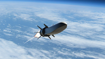 This artist’s rendering shows the Hypersonic Air-breathing Weapon Concept, which will integrate Raytheon Technologies’ air-breathing hypersonic weapons with scramjet combustors from Northrop Grumman.