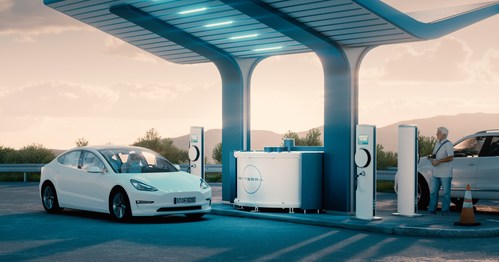 Artistic rendering of a high-power EV charging station with Revterra's kinetic battery solution
