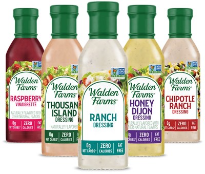 Walden Farms® Non-GMO Project Verified salad dressings in Raspberry Vinaigrette, Thousand Island, Ranch, Honey Dijon and Chipotle Ranch.