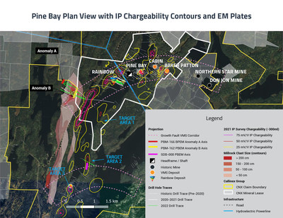 Pine Bay Plan View with IP Chargeability Contours and EM Plates - July 2022 (CNW Group/Callinex Mines Inc.)