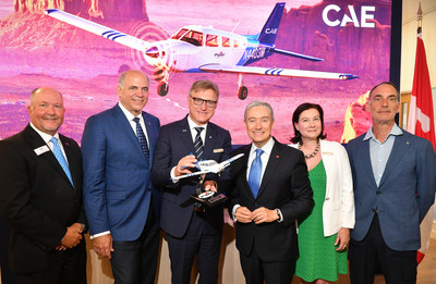 From left to right: Ron Gunnarson, Vice President of Sales, Marketing and Customer Support at Piper Aircraft, Pierre Fitzgibbon, Minister of Economy and Innovation of Quebec, Marc Parent, President and CEO of CAE, Hon. Francois-Philippe Champagne, Minister of Innovation, Science and Industry of Canada, Helene V. Gagnon, Chief Sustainability Officer and Senior Vice President, Stakeholder Engagement at CAE, and Gregory Blatt, H55 Co-Founder, Chief of Sales, Marketing and Business Development (CNW Group/CAE INC.)