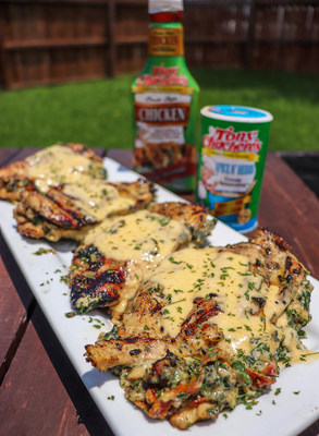 Step up your summer grilling game with these Grilled Stuffed Chicken Breasts with Cream Sauce by @flychefaldenb. Infused with Tony Chachere’s zesty blend of herbs and spices, and then stuffed with fresh spinach, sun-dried tomatoes and cheese, this summer favorite brings a whole new level of flavor to the dinner table.