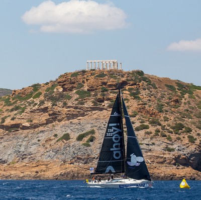 Team Ahoy! sails past the Temple of Poseidon as it competes in the Aegean 600 race (Credit: Nikos Alevromytis)