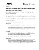 ATCO REPORTS SECOND QUARTER 2022 EARNINGS