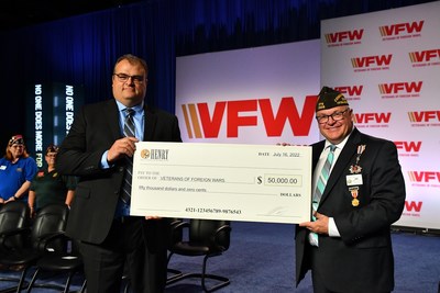 Henry Repeating Arms President Andy Wickstrom (L) presented a donation in the amount of $50,000 to VFW Commander-In-Chief Matthew M. “Fritz” Mihelcic (R) at the 123rd VFW National Convention on July 20, 2022.