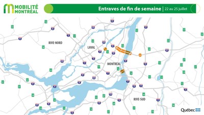 Carte gnrale des entraves, fin de semaine du 22 au 25 juillet (Groupe CNW/Ministre des Transports)