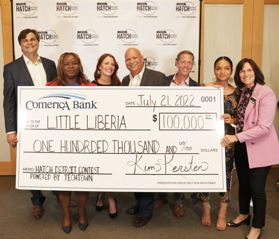 Representatives from Comerica Bank, Hatch Detroit and TechTown Detroit present Little Liberia with the Comerica Hatch Detroit Contest grand prize of $100,000 during the contest’s Hatch Off event at the Wayne State University Industry Innovation Center in Detroit on Thursday, July 21, 2022.