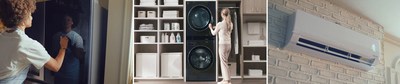 From left to right, products showcased in LG Healthy Home Solutions campaign; LG InstaView™ Door-in-Door™ Refrigerator, LG WashTower, and LG DUALCOOL Residential Air Conditioner. (PRNewsfoto/LG Electronics, Inc.)