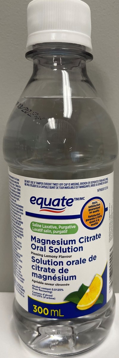 Laxatif salin en solution orale de citrate de magnésium de marque Equate, 300 ml, saveur de citron (Groupe CNW/Santé Canada)