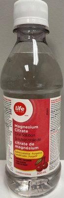 Laxatif salin en solution orale de citrate de magnsium de marque Life Brand, 300 ml, saveur de cerise (Groupe CNW/Sant Canada)