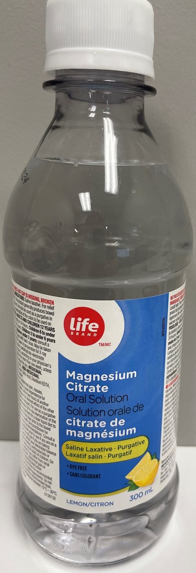 Laxatif salin en solution orale de citrate de magnésium de marque Life Brand, 300 ml, saveur de citron (Groupe CNW/Santé Canada)