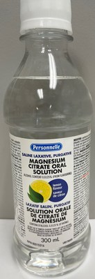 Laxatif salin en solution orale de citrate de magnsium de marque Personnelle, 300 ml, saveur de citron (Groupe CNW/Sant Canada)