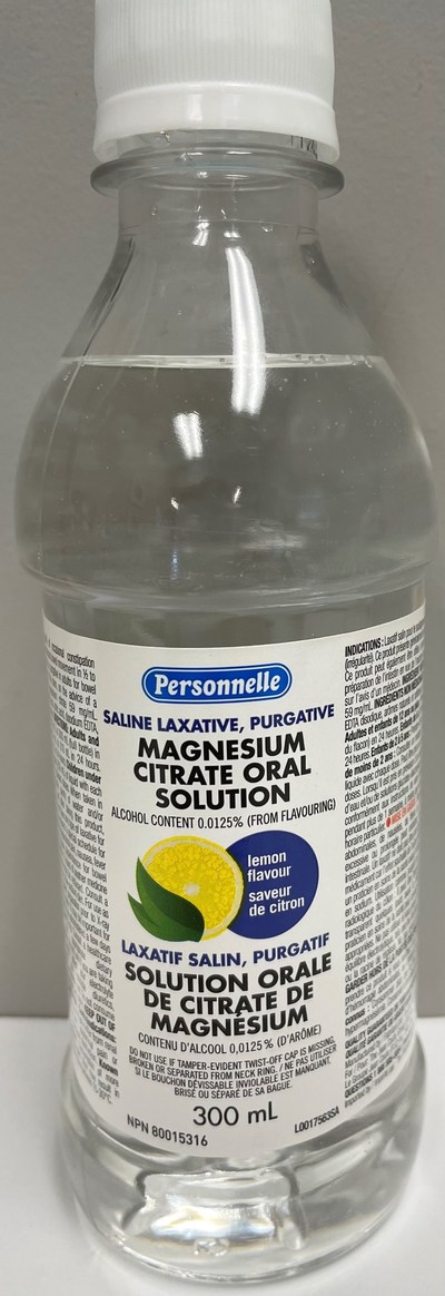 Laxatif salin en solution orale de citrate de magnésium de marque Personnelle, 300 ml, saveur de citron (Groupe CNW/Santé Canada)