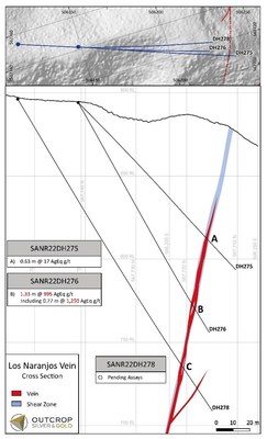 Figure 1. Cross sections of Los Naranjos. The Naranjos vein is often internal to a related shear zone and broader zones with intense veining (CNW Group/Outcrop Silver & Gold Corporation) Figure 1. Cross sections of Los Naranjos. The Naranjos vein is often internal to a related shear zone and broader zones with intense veining (CNW Group/Outcrop Silver & Gold Corporation)