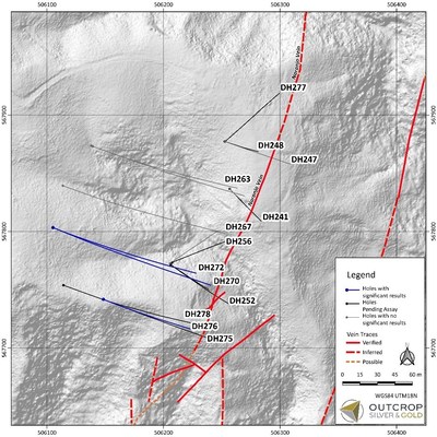 Map 1. Naranjos target area with drill hole traces (CNW Group/Outcrop Silver & Gold Corporation) Map 1. Naranjos target area with drill hole traces (CNW Group/Outcrop Silver & Gold Corporation)