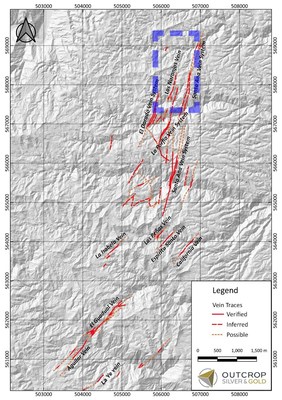 Map 2. Location of Naranjos target, 350 m west of the Santa Ana vein system (CNW Group/Outcrop Silver & Gold Corporation) Map 2. Location of Naranjos target, 350 m west of the Santa Ana vein system (CNW Group/Outcrop Silver & Gold Corporation)