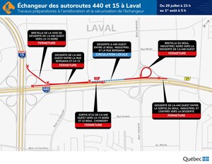 Autoroute 440 (Jean-Noël-Lavoie), à Laval - Fermeture complète des voies de desserte en direction ouest du 29 juillet au 1er août