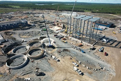 Figure 1 – Concrete foundations for leach tanks (foreground left), steel structure for west end process plant (foreground right), administration building (back right), truck shop (back centre), power plant (back left) (CNW Group/Equinox Gold Corp.)