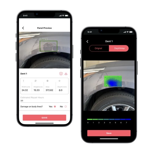 Dents.co app 3D measurement and depth map screenshots.