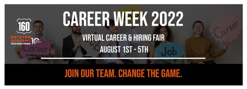 160 Driving Academy is hosting a Virtual Career & Hiring Fair from August 1st to August 5th. We are hiring nationally for roles across all teams and departments within the company including remote, on-site, and hybrid opportunities spanning 43 states. To Schedule Your Interview: www.160drivingacademy.com/careers/