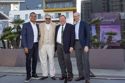 Pictured at a party announcing Fairmont's investment in The Breakers Long Beach, from left: Long Beach Mayor Robert Garcia; John Molina, Founding Partner of Pacific6 Enterprises, Todd Lemmis, Founding Partner of Pacific6 and Chair of the Board for the Long Beach Convention & Visitors Bureau (CVB); and Ben Cadwell, COO, Accor North & Central Americas. (Photograph Courtesy Long Beach CVB)