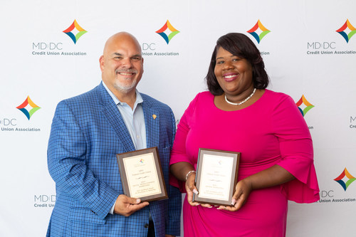 Featured: John Bratsakis, MD|DC Credit Union Association President and CEO, and Latonya Allen, Director of Consumer Lending and Marketing show the awards.