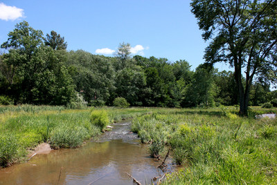 The photo illustrates a stream that is restored respto is pre-settlement condition. These streams are highly connected to their floodplains to promote significant exchange between baseflow, groundwater, and the restored riparian wetlands. This restoration approach typically serves to maximize water quality and ecological benefits.