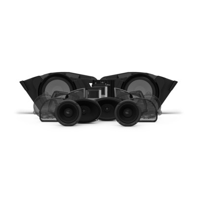 Rockford Fosgate complete front, rear, and subwoofer audio system (model HD14-STG5) custom designed for select 2014 and newer Harley-Davidson motorcycles.