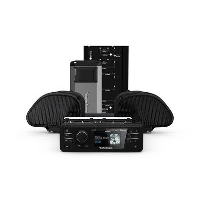 Rockford Fosgate complete audio system for select 1998- 2013 Harley-Davidson motorcycles. The HD9813RG-PMX-STG2 system includes amplifier, speakers, source unit, and complete installation harness.