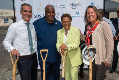 Los Angeles Mayor Eric Garcetti, Pastor Kelvin T. Calloway, Sr. Pastor, Bethel A.M.E. Church, Los Angeles, Congressmember Karen Bass (District 37)  and Deborah La Franchi, SDS Capital Group Founder & CEO participated in a ceremonial groundbreaking on the latest SDS $150M Supportive Housing Fund (SDS) private capital investment. SHF and RMG Housing are collaborating with Bethel A.M.E. Church to build 53 units of permanent supportive housing church-owned property. Credit | Tim Berger