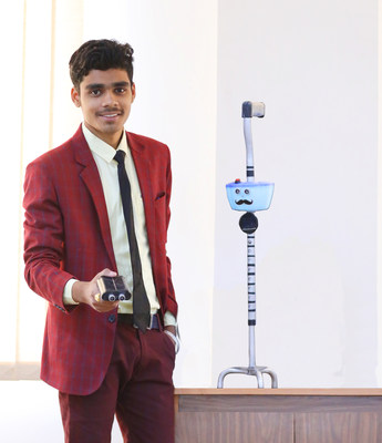 Lovelesh Dutt student from Chandigarh University showcasing 'Netra',  AI-based Smart Stick to make visually-impaired people self-reliant.