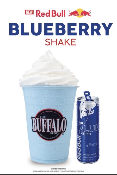 The new Blueberry Red Bull Shake at The Buffalo Spot locations features a light blue color bursting with blueberry flavor, whipped topping, and Blueberry Red Bull Energy Drink. The unique blend retails for $7 and is served with the remaining Red Bull product included with the shake purchase.