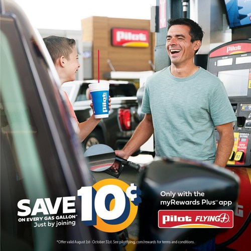 Save 10-cents on every gallon of gas at participating Pilot and Flying J travel centers with the myRewards Plus app through October 31, 2022.