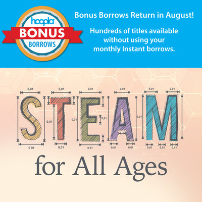 Throughout the month of August, cardholders of participating libraries can access hoopla’s curated Bonus Borrows collection of more than 650 titles, featuring coveted STEAM (science, technology, engineering, arts and math) content, extended learning resources and discovery for all ages.