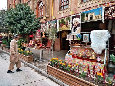 The well-preserved Uygur-style streets and furniture shops in the ancient city of Kashgar.