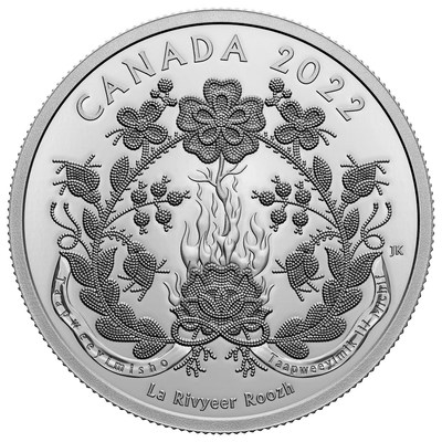 La nueva moneda de plata pura de 1 onza de la Real Casa de la Moneda de Canadá,  denominada Generaciones: Los Métis de Red River, muestra la tradición de los abalorios de los Métis de Red River (CNW Group/Royal Canadian Mint)