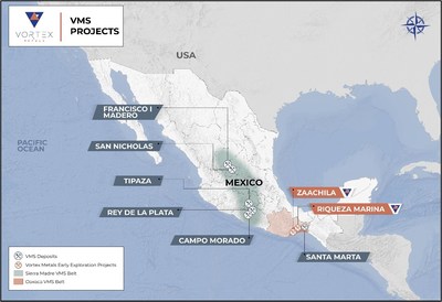 Figure 1. Location of the Riqueza Marina-Zaachila projects in southern Oaxaca along with the major VMS mines and projects in Mexico. (CNW Group/Vortex Metals)