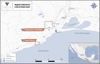 Figure 2. Map of the Juchitan-Salina Cruz area showing the location of the Riqueza Marina (3) and Zaachila (1) concessions. (CNW Group/Vortex Metals)