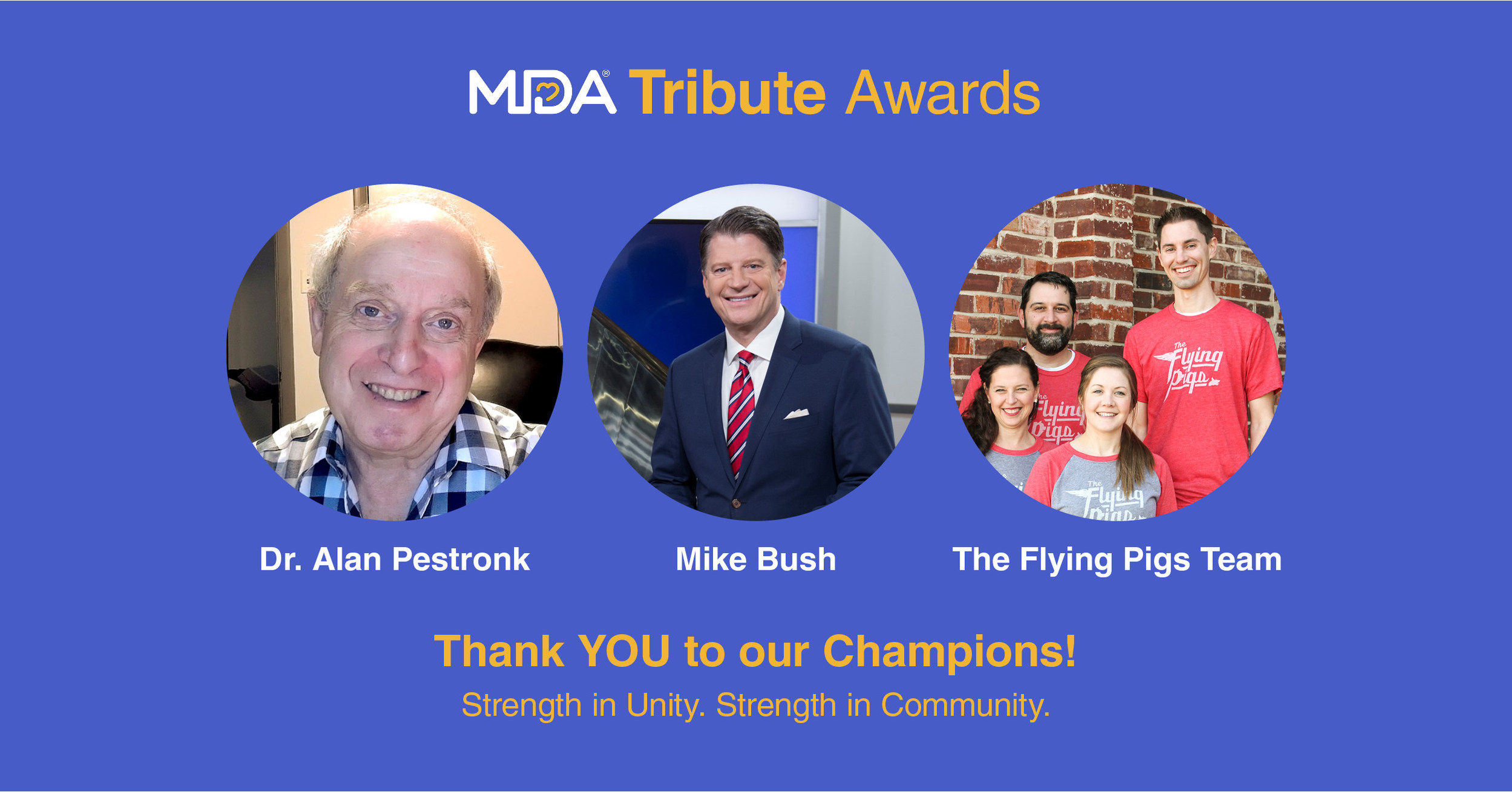 MUSCULAR DYSTROPHY ASSOCIATION TRIBUTE AWARDS TO HONOR ST. LOUIS' DR. ALAN  PESTRONK OF WASHINGTON UNIVERSITY SCHOOL OF MEDICINE, MIKE BUSH OF KSDK-TV  & 'THE FLYING PIGS' TEAM ON PRIMETIME 'SHOW OF STRENGTH'