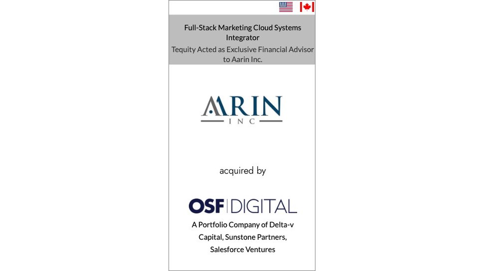 Tequity's Client, Aarin Inc., a Full-Stack Marketing Cloud Systems Integrator, Has Been Acquired by OSF Digital - Vimarsana News