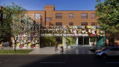 Rendering of the National Public Housing Museum’s main entrance designed by Olalekan Jeyifous and Amanda Williams
