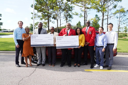 (From left to right) Robert Burns, Hyundai Motor Manufacturing Alabama, Chief Administrative Officer, Audrey Parks, Annual Giving Coordinator, Alabama State University, Gregory Clark, Vice President, Institution Advances, Alabama State University, Dr. Audrey Napier, Ph.D., Dean of Science, Technology, Engineering, and Mathematics, Alabama State University, Jerome Hodge, President, Tuskegee Airmen, East Coast Division, Dana W. White, Chief Communications, Hyundai Motor North America Gabriel Christian, Esq., Officer, Ethan, Senior Manager, General Affairs and Public Relations, Hyundai Motor Manufacturing, Alabama, July 30, Hyundai Motor Manufacturing, Alabama, Montgomery, Alabama Kim with Hyundai Motor Manufacturing Alabama Vice President and Executive Coordinator Ethan Kim 2022. (Photo/Hyundai)