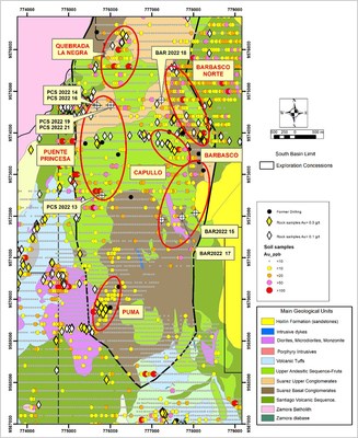 Figure 4: Geological map, main explored targets and the completed drill holes in 2022 (CNW Group/Lundin Gold Inc.)