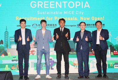An official launching ceremony for Sustainable MICE City Competition. Guann-Jyh Lee, Deputy Director General, Bureau of Foreign Trade, middle, MOEA, Simon Wang, President & CEO, TAITRA, second form the right and KOL Mr. Remy Gils, second form the left. (Credit: MEET TAIWAN)