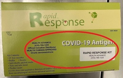 Counterfeit box (top)

Health Advance name and phone number along with text “Official Canadian Distributor” and unauthorized text “Health Canada Approved” appear on box. (CNW Group/Health Canada)