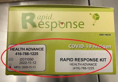 Boîte contrefaite (côté)

Le nom et le numéro de téléphone de Health Advance figurent sur la boîte. (Groupe CNW/Santé Canada)