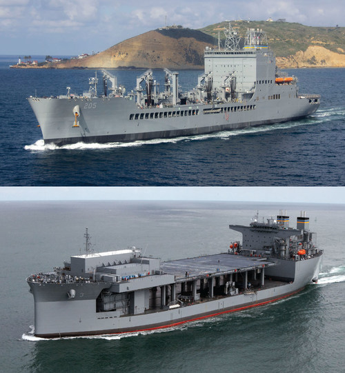 John Lewis-class fleet replenishment oiler (top) and Lewis B. Puller-class Expeditionary Sea Base (bottom). U.S. Navy photos.