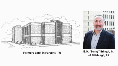 Sketch of Farmers Bank in Parsons, TN alongside their new partner E.H. "Sonny" Bringol, Jr. of Pittsburgh, PA.